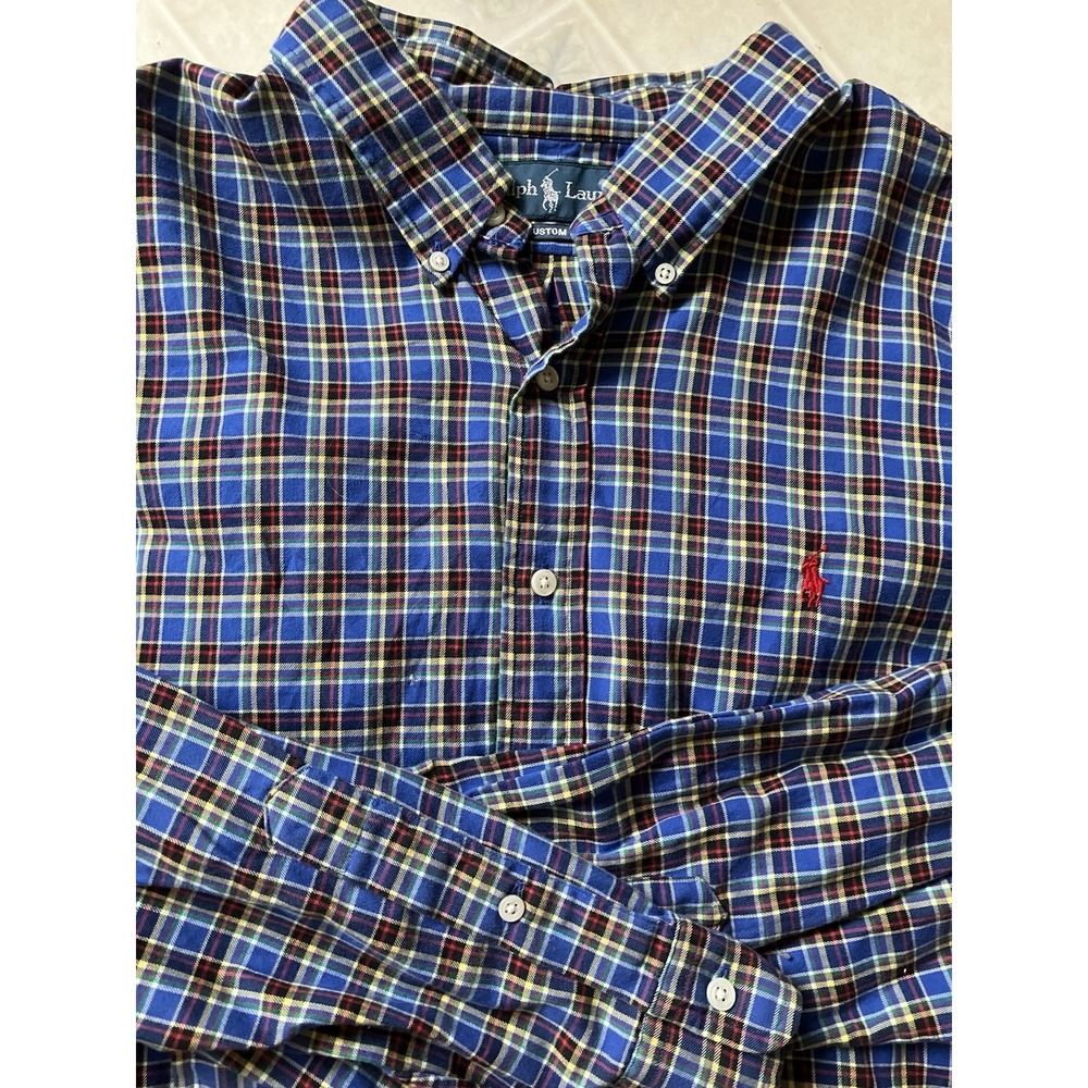 Ralph Lauren Custom Fit Button Down Blue Tartan‎ Plaid 2 Ply Cotton Size XXL